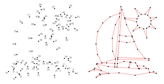 Connect the dots educational drawing game. Dot to dot by numbers puzzle. Google Font Fira Sans Condensed. Yacht with sail against the background of the sun.