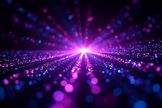 Vibrant futuristic background of glowing particles forming endless mirror tunnel in space. Technology, science, and AI. Magic particle background, reflecting and glowing multicolored light rays.