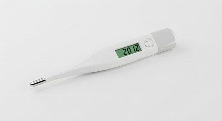 Digital thermometer, front view, white background, realistic hospital product mockup