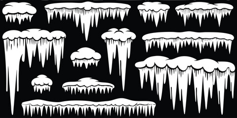 Collection of realistic icicles and snow formations on a black background