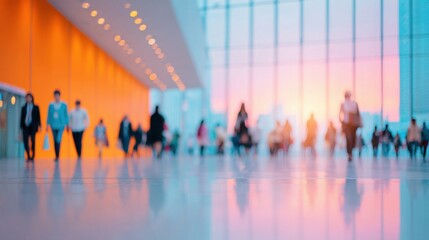 Crowd moving through modern building with orange walls at sunset