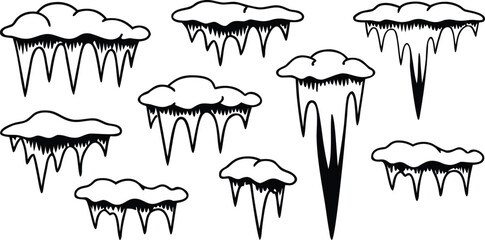 Collection of hand drawn icicles hanging from snow covered clouds