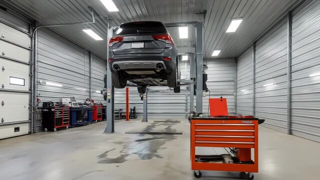 Car elevated on a lift An orange toolbox sits underneath The setting is a bright spacious garage Mechanics likely perform maintenance inspections
