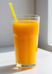 Glass of Fresh Orange Juice with Straw in Sunlight
