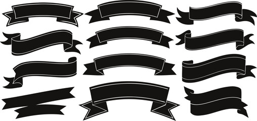 Collection of black decorative ribbons and banners with white outlines