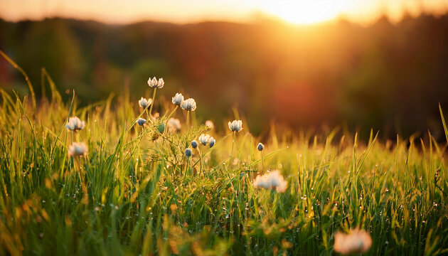 feel essence spring soft green grass wildflowers gently sway breeze golden sunset light captured warm natural 4k visuals perfect peaceful seasonal backgrounds