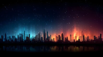 A vibrant cityscape at night, illuminated by glowing light trails, displays a futuristic cityscape reflected on the water's surface.