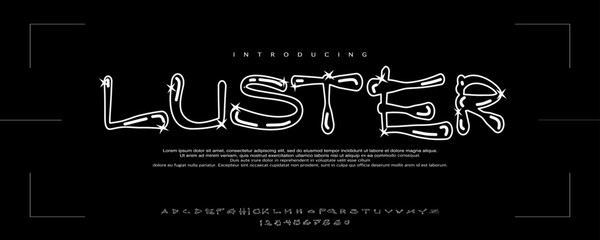 Font Luster. Chrome Y2K font. Liquid metal alphabet, melted steel letters and funky numbers. Glossy look 3D style flux typeface vector set. 2000 era ood for design print, cover, film, book, artprint, 