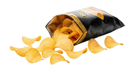 Crispy potato chips spill out of package ready for delicious snacking