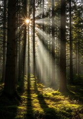 Fototapeta premium Sunbeams piercing through a dense forest canopy.