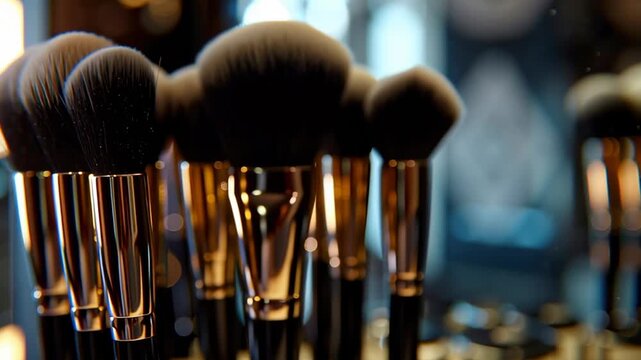 A row of makeup brushes are displayed on a table. The brushes are black and gold, and they are arranged in a neat row. Concept of organization and attention to detail