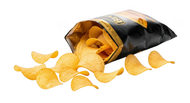 Crispy potato chips spill out of package ready for delicious snacking