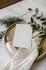 Minimal card mockup with greenery and wooden tray