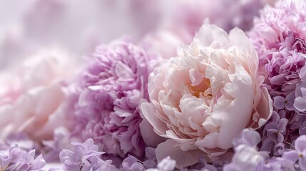 A delicate arrangement of soft pink and pale pink peonies, with hints of lavender, creates a beautiful, romantic, and gentle floral display.