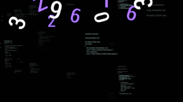 Purple and white digits emerging from bottom, forming rotating cloud above C++ code, fading