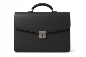 Black leather briefcase rendering, closed and sleek, representing professional business and financial workspace