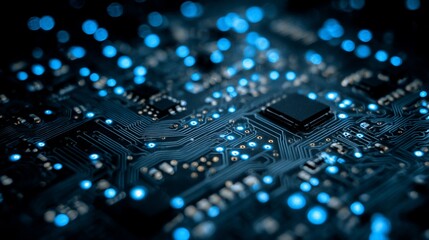 Obraz premium Close Up Computer Circuit Board with Blue Led Lights Showing Technology and Innovation