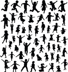 Children silhouettes, jumping poses, playful movement, vector illustration, black figures, boy, girl, dance, run, play, casual clothing, flat style