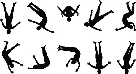 Falling silhouettes, dynamic poses, airborne figures, tumbling motion, black vector, flat style, acrobatic movement, human falling, reference set, pose collection