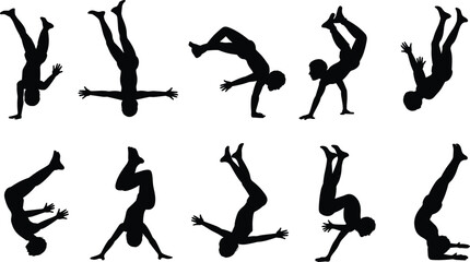 Gymnastics poses, action silhouettes, tumbling, balancing positions, black vector, flat style, athletic figures, acrobatic moves, reference image, set of 10