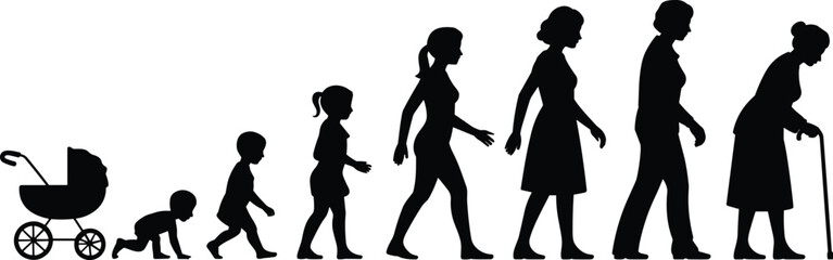 Female life stages, age progression, silhouette illustration, baby to elderly, black vector, woman growth, flat style, aging timeline, reference