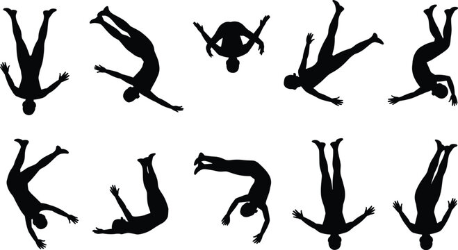 Falling silhouettes, dynamic poses, airborne figures, tumbling motion, black vector, flat style, acrobatic movement, human falling, reference set, pose collection
