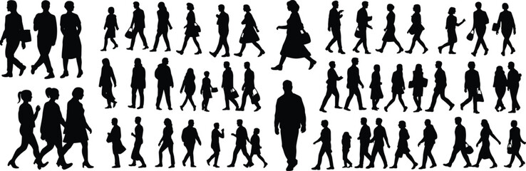 Pedestrian silhouettes, walking figures, urban scene, daily life illustration, crowd movement, people on the go, vector graphic, black silhouettes