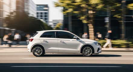 Modern white car driving fast through city streets on sunny day conveying speed and movement