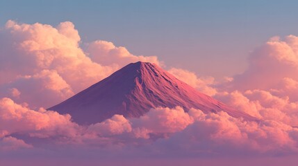 A breathtaking mountain peak, bathed in soft, rosy hues, ascends above a sea of delicate clouds, creating a serene and peaceful scene.