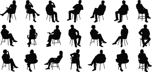 Seated silhouettes, sitting poses, chair figures, black vector, flat style, male, female, thoughtful posture, relaxed position, reference set of 20