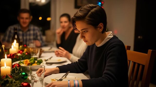 A thoughtful and uncomfortable trans masculine person sits at a Christmas dinner table, feeling isolated and out of place with their family during the holidays.