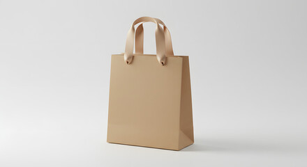 Small kraft paper bag with satin ribbon handles, 45-degree perspective view, clean white background, elegant mockup