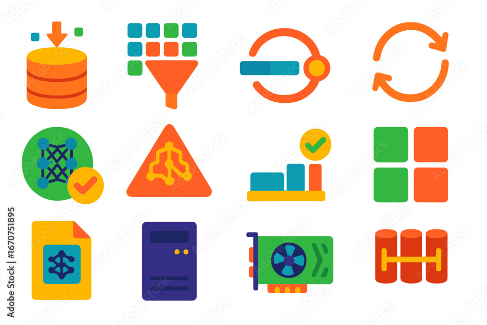 Poster set of icons for computer software, including a check mark, a red triangle