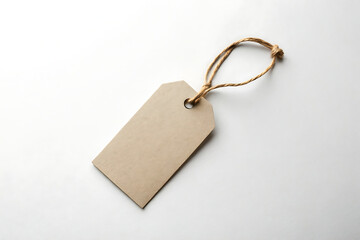 Isolated on white background, a minimalist brown paper tag with string, ideal for adding a rustic touch to gifts or product labeling needs