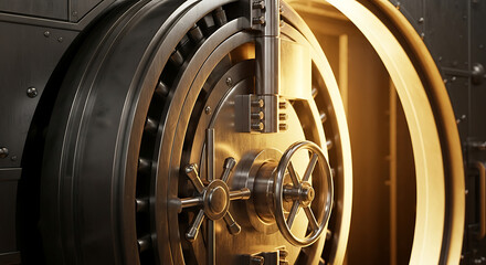 Metallic vault door with intricate details and a secure handle, showcasing protection