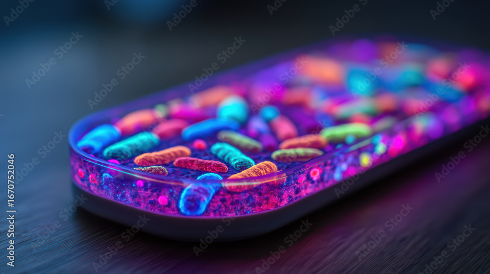 Poster a vibrant close-up of a colorful gel filled with various elements, illuminated with neon lights, sho