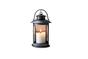 simple dark grey metal lantern with a single glowing candle, no background