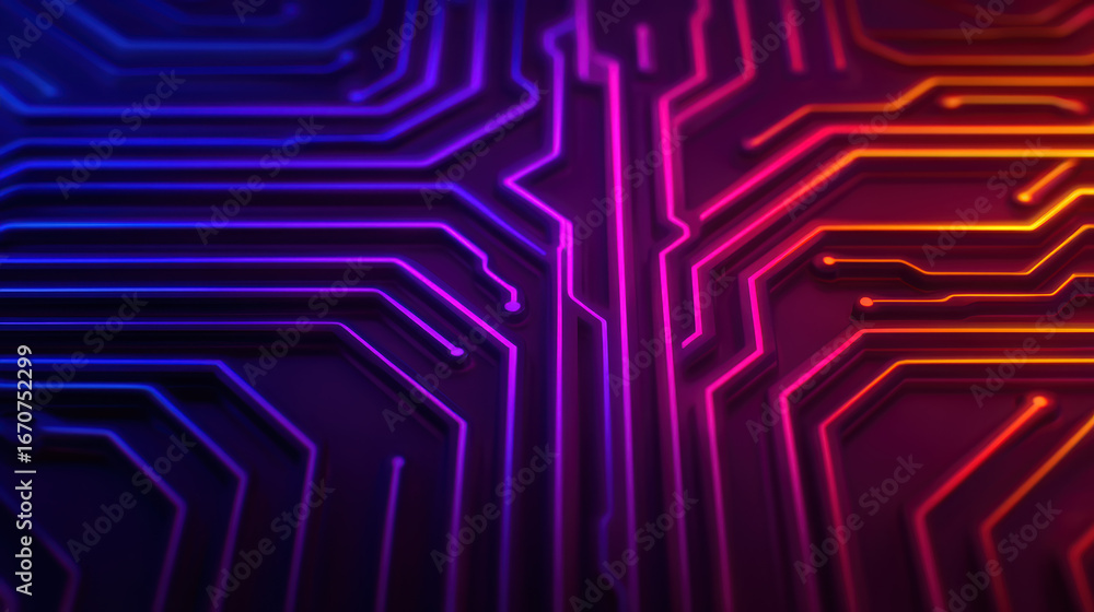 Poster a vibrant close-up of a circuit board design, showcasing intricate lines and glowing colors, represe
