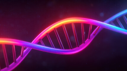 A vibrant, abstract representation of a DNA double helix, showcasing colorful strands intertwined against a dark background.