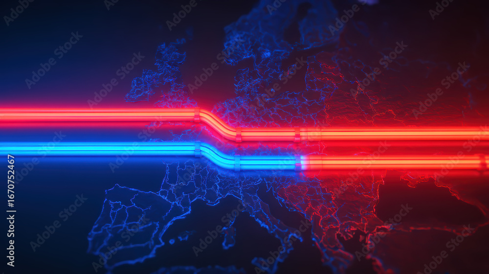 Poster a digital map of europe illuminated by red and blue neon lines, suggesting connectivity or data path