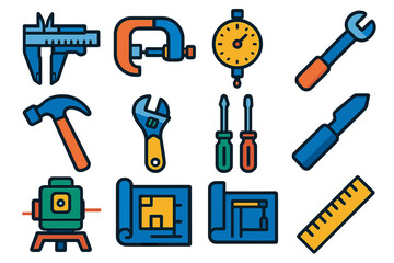 Fototapeta premium Collection of blue and red tools, including a hammer, a wrench