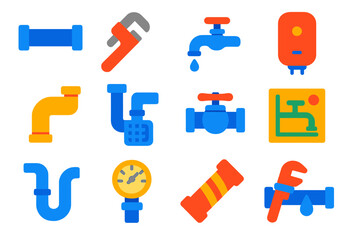 Set of blue and yellow icons for plumbing tools and equipment