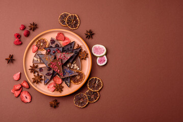 Craft home made chocolate with berries and fruits, delicious sweets. Craft chocolate
