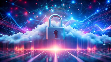 Digital padlock secured on a cloud with glowing network lines and data streams, representing cybersecurity and online protection in a futuristic neon environment