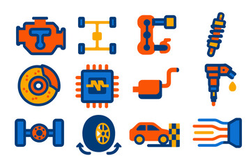 Fototapeta premium Set of car parts and tools, including a tire, a wrench, and a car engine