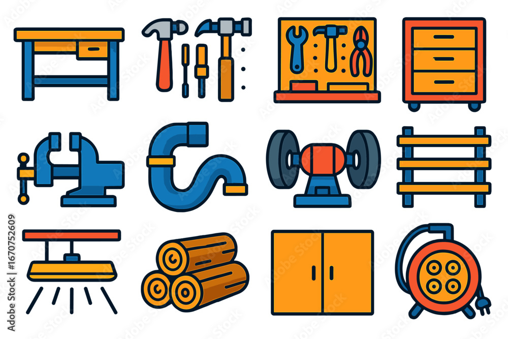Aufkleber set of tools and equipment are displayed in a row