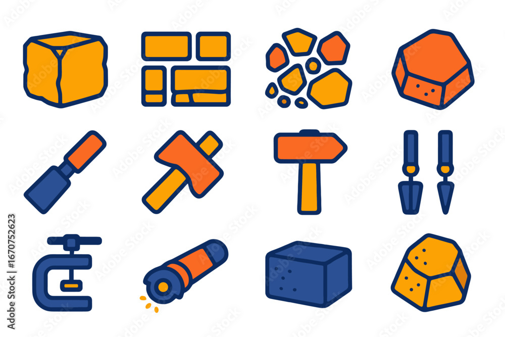 Aufkleber set of blue and orange icons that represent various tools and objects