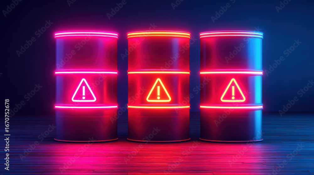 Poster neon-lit barrels with warning signs create a striking visual, emphasizing caution in an industrial s