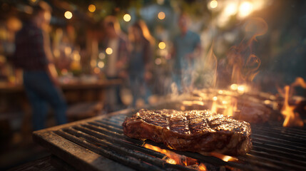 Sizzling beef steak grilling over flames, social gathering blurring behind during golden summer sunset