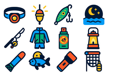 Collection of fishing and camping related icons